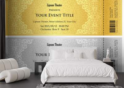 Luxury golden and silver theater ticket with vintage pattern Wall mural