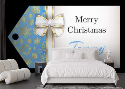 Luxury sky blue Christmas name tag with golden snowflakes and white ribbon Wall mural