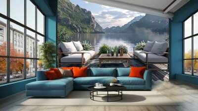 a beautiful terrace with a view of the lake Wall mural