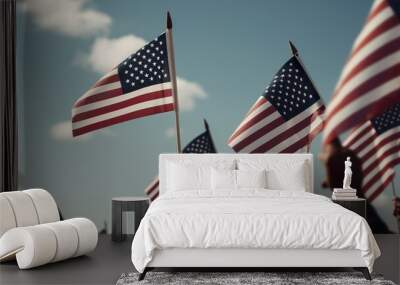 America celebrate 4th of July. Patriotic. Silhouettes of people holding the Flag of USA. Wall mural