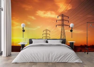 Banner High-voltage Power lines at sunset,high voltage electric transmission tower. Wall mural