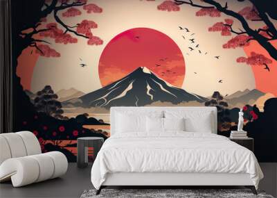 Beautiful Japanese art landscape with blossom sacura trees and Fuji. Generated AI Wall mural