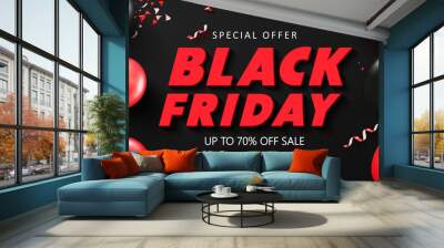 Black friday sale background with balloons and serpentine. Modern design.Universal vector background for poster, banners, flyers, card. Wall mural