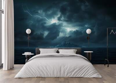 Dark stormy sky with lightning above ocean.  Wall mural