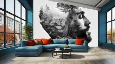 Double exposure, arab male portrait, flowers, leaves. Black and white. monochrome. AI illustration Wall mural