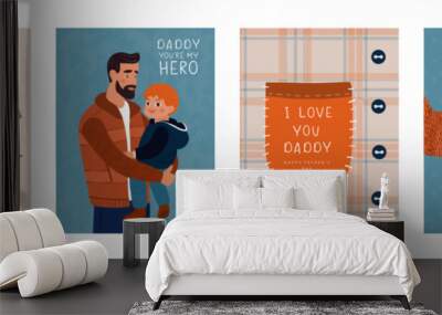 Happy father's day, set of vector postcards. Illustrations of dad with child, items of clothing,men's accessories. Cute fun design for greeting cards, promotional materials and other Wall mural