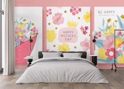 Happy mothers day cards with beautiful watercolor flowers. Grainy texture,hand drawn plants. Floral greeting cards. Vector illustration Wall mural