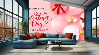 Happy valentine's day sale banner. Holiday background with gift boxes, balloons, serpentine and hearts.Vector illustration for website,posters,ads,coupons,promotional material. Wall mural