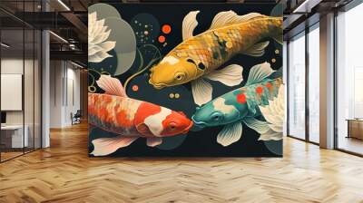 Lotus flowers, Koi Carp fish, Chinese and Japanese oriental illustration design for wall art, wallpaper. Wall mural