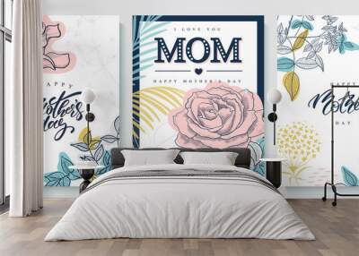 Set of greeting cards Happy Mother's day. Beautiful hand-drawn roses, plants and lettering. Vector illustration. Wall mural