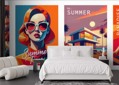 Set of retro style summer postcards with image of beautiful girl, view of modern house by the sea, road along the ocean. Vector illustration for design of posters, brochures, advertising materials. Wall mural