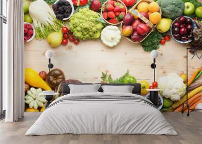 Fresh organic fruits vegetables berries, cherries apricots strawberries cabbage broccoli cauliflower squash tomatoes carrots spring onions beans beetroot, pepper, copy space, top view Wall mural