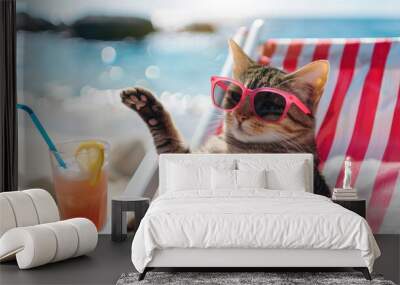 Funny tabby cat in pink sunglasses sitting on the sun lounger or the stripy deckchair, sunbathing, blue sea beach background Wall mural