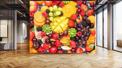 Healthy fruit platter background, strawberries raspberries oranges plums apples kiwis grapes blueberries mango persimmon, top view, selective focus Wall mural