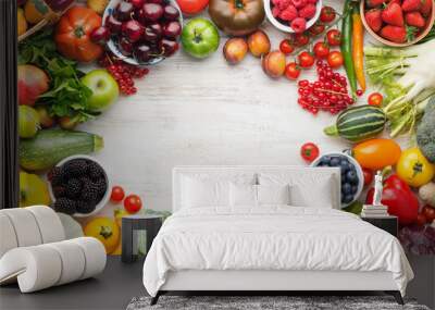 Healthy living, summer fruits vegetables berries arranged in a frame. Organic produce, raw eating, copy space, top view, selective focus Wall mural