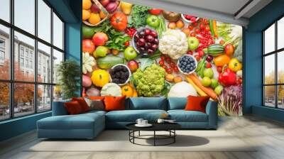 Healthy summer fruits vegetables berries background, cherries peaches strawberries cabbage broccoli cauliflower squash tomatoes carrots spring onions beans beetroot, pepper, top view, selective focus Wall mural