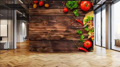 Tacos al Pastor on a rustic wooden table, Vibrant colors of fresh toppings, Authentic Mexican street food Wall mural