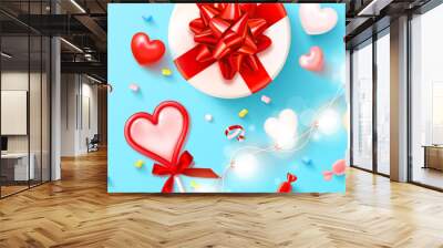 Valentine's day sale poster. Holiday background with gift boxes, cookies, lollipop, serpentine, sweets, hearts and a garland. Vector illustration for banner, brochures, booklets, promotional materials Wall mural