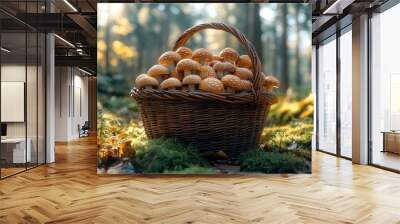 A basket full of mushrooms is sitting on the ground in a forest Wall mural