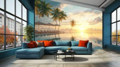 A beautiful beach scene with palm trees and a pool Wall mural