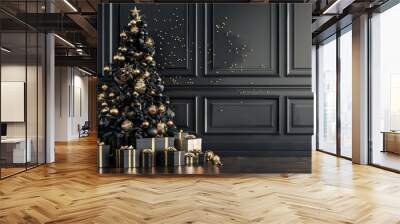 A black and gold Christmas tree with gold ornaments and a star on top Wall mural