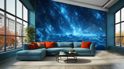 A blue sky with clouds and stars Wall mural