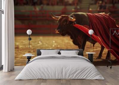 A bull with red cape is standing in a ring Wall mural