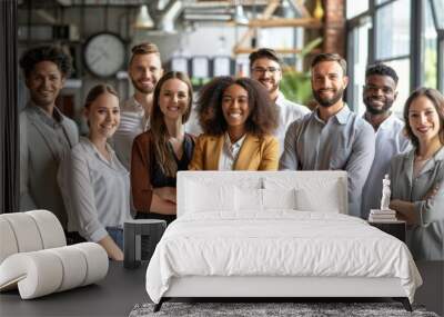 A cheerful gathering of colleagues proudly standing together, showcasing unity and collaboration in a bright and airy office environment Wall mural