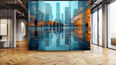 A city street with people walking and a reflection of the city in the water Wall mural