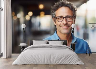 A close-up portrait of a smiling smart mature middle-aged man, a businessman wearing fashionable glasses and looking at the camera on a street background with a copy space. Wall mural