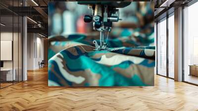 A close-up shot of a sewing machine stitching together a piece of camouflage fabric. The machine is in focus, while the fabric is slightly blurred Wall mural