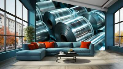 A close-up view of multiple shiny aluminum rolls stacked inside a manufacturing facility, capturing the reflective surface and metallic sheen of the metal Wall mural