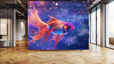 A colorful fish swimming in a tank with a blue background Wall mural