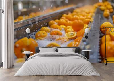 A conveyor belt is filled with oranges and water Wall mural