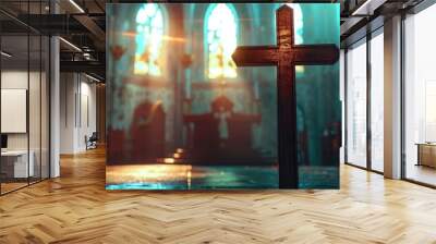 A cross is in a church with stained glass windows Wall mural