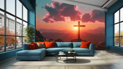 A cross is lit up in the sky at sunset Wall mural