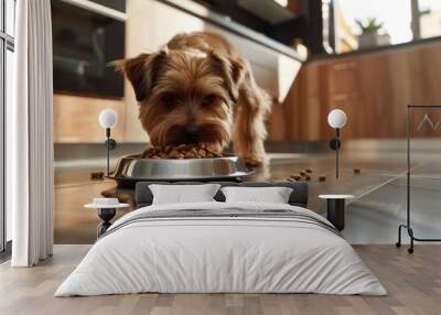 A dog is eating food from a bowl on a tiled floor Wall mural