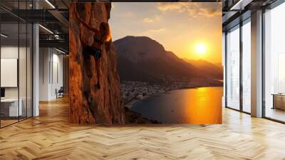 A female climber descending from a cliff with a safety rope on the background of sunset, Sea, Island. Extreme outdoor sports, Active lifestyle, travel concepts. Horizontal banner, Copy space. Wall mural