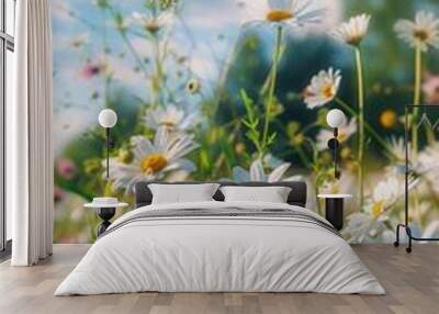 A field of white flowers with a blue sky in the background Wall mural