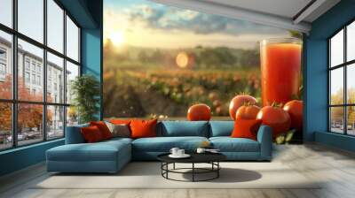 A glass of red juice is on a table with a bunch of tomatoes Wall mural