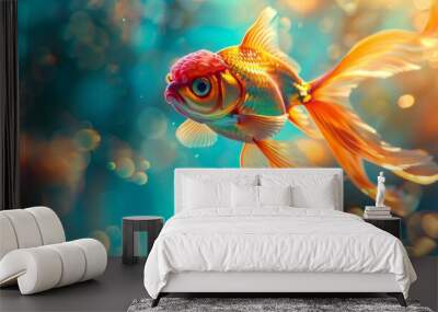 A goldfish with a red head swimming in a blue ocean Wall mural