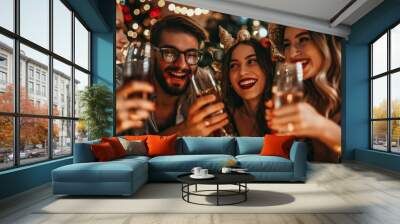 A group of people are laughing and drinking champagne at a party Wall mural