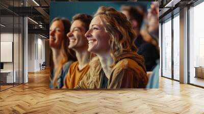 A group of people are sitting in a theater, smiling and laughing Wall mural