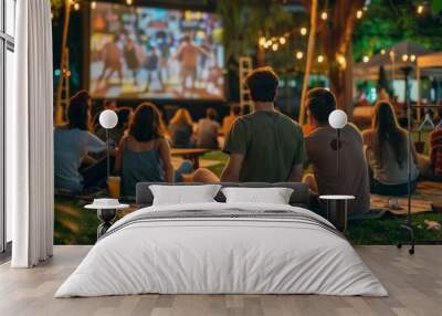 A group of people are sitting on a blanket in a park watching a movie Wall mural