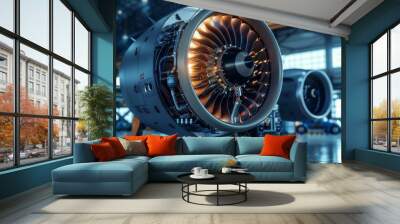 A jet engine is on display in a hangar Wall mural