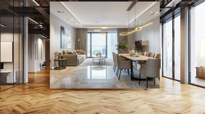 A large, open living room with a white dining table and chairs Wall mural