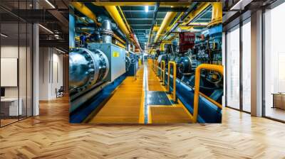 A large industrial building with yellow pipes and a yellow railing Wall mural