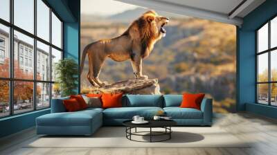 A lion is standing on a rock and roaring Wall mural