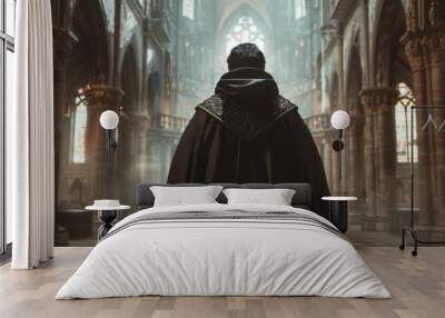 A man in a black robe stands in a large, empty cathedral Wall mural