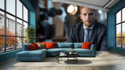 A man in a suit and tie sits in front of a camera Wall mural